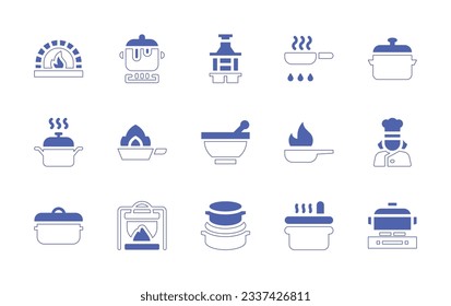 Cooking icon set. Duotone style line stroke and bold. Vector illustration. Containing stone oven, cooking, grill, fry, cooking pot, pot, frying pan, kitchen pack, chef, boiling.