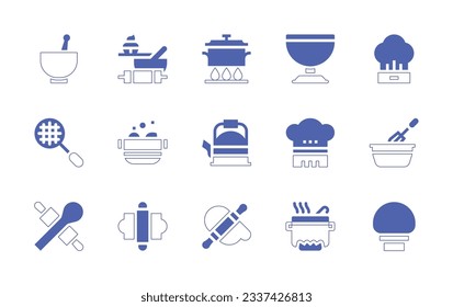 Cooking icon set. Duotone style line stroke and bold. Vector illustration. Containing kitchen pack, cooking, bowl, chef hat, drain, pot, kettle, rolling pin.