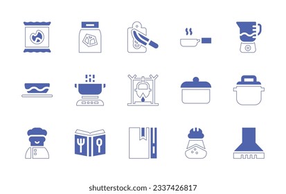 Cooking icon set. Duotone style line stroke and bold. Vector illustration. Containing coal, cutting board, frying pan, blender, bowl, cooking, cooking pot, cooker, recipe, salt, extractor hood.