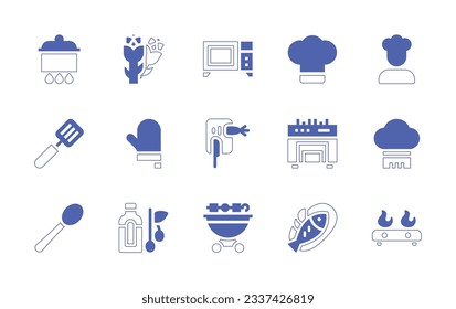 Cooking icon set. Duotone style line stroke and bold. Vector illustration. Containing boiling, asparagus, microwave oven, chef hat, chef, spatula, cooking, kitchen, ladle, olive oil, bbq, fish.