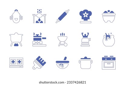 Cooking icon set. Duotone style line stroke and bold. Vector illustration. Containing kitchen pack, cooking, trophy, coal, cooking equipment, bbq grill, cooking gas, pot, stove, brush, bowl, oven.