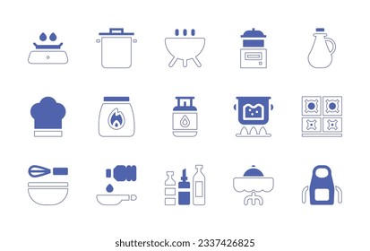 Cooking icon set. Duotone style line stroke and bold. Vector illustration. Containing stove, cooking pot, cook, cooking, oil bottle, kitchen pack, charcoal, gas stove, food, cooking tools, pan, olive.