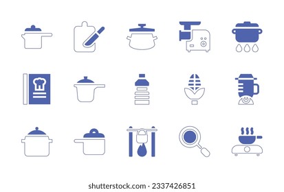 Cooking icon set. Duotone style line stroke and bold. Vector illustration. Containing cooking pots, cutting board, saucepan, meat grinder, pot, cook book, cooking pot, cooking oil, corn, mixer blender