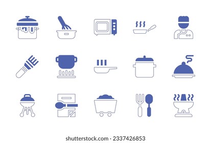 Cooking icon set. Duotone style line stroke and bold. Vector illustration. Containing pot, baking, cooking, pan, chef, brush, stew, cooking pot, salver, closed barbacue, recipe, coal, fork, oven.