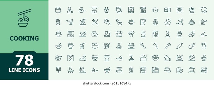 Cooking icon set. Featuring cook, chef, restaurant, utensil, bake, food and more. Kitchen modern icon set. Minimalist editable stroke vector art.