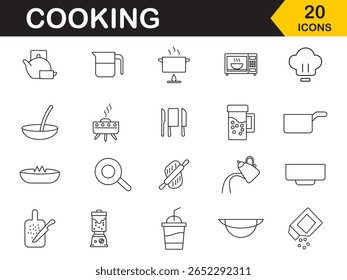 Cooking icon set. Included icons representing cutlery, food, restaurant, teems, kitchen, chef and more symbol. Set of 24 outline icons related to cooking. Vector illustration.
