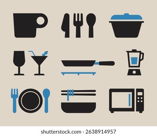 Cooking icon set. Cooking and kitchen icon. spoon, knife, plate, cloche, tray, food, dining table, Cutlery or tableware in restaurant, kitchen. Vector illustration.