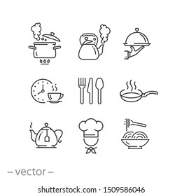 cooking icon set, kitchen tools, cup, cook, pot, kettle and more, thin line web symbols on white background - editable stroke vector illustration eps10