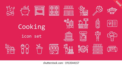 cooking icon set. line icon style. cooking related icons such as cake slice, homemade, oven, cutlery, broccoli, chef, crepe maker, churrasco, dinnerware, cutter, syrup, sauce, menu, crockery