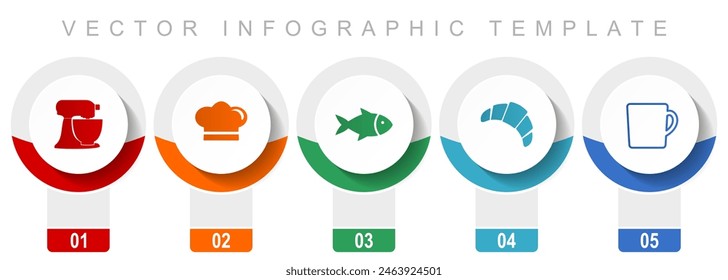 Cooking icon set, miscellaneous vector icons such as mixer, chef hat, fish, cake and cup, modern design infographic template, web buttons in 5 color options