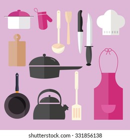 cooking icon set object in pink kitchen chef hat apron pan knife pot fork 