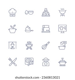 Juego de iconos de cocina. Icono de línea delgada. Trazo editable. Conteniendo sombrero de chef, cocinero, cocinero, herramientas de cocina, huevo, sartén, parrilla, arroz, horno de piedra, tostadora, peso, whisky, barbacoa, ordenador.