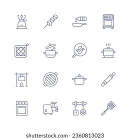 Cooking icon set. Thin line icon. Editable stroke. Containing camping gas, cook, cooking, cooking stove, dango, food, grill, meat grinder, oil, oven, pan, pot, roller, skimmer, turner.