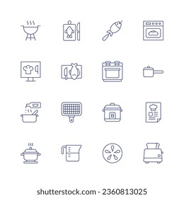 Cooking icon set. Thin line icon. Editable stroke. Containing barbecue, computer, cooking, cooking pot, cutting board, fish, gas stove, grate, kitchen robot, measuring cup, oven, pot, recipe.