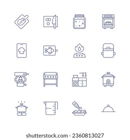 Cooking icon set. Thin line icon. Editable stroke. Containing board, cook, cooking, cooking pot, cutting board, fish, gas stove, grill, kitchen, measuring cup, mother dough, oven, pot, rice cooker.