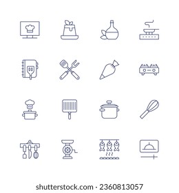 Cooking icon set. Thin line icon. Editable stroke. Containing channel, cook book, cooking, cooking tools, dessert, fork, grill, meat grinder, oil, pan, pastry bag, pressure cooker, smoked fish, stove.