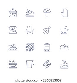 Juego de iconos de cocina. Icono de línea delgada. Trazo editable. Con hirviendo, cocinando, cocinando, cocinando, cortando, alimentando, parrilladas, vasija de medida, champiñones, hornillo, sartén, olla, pollo asado, brocheta, pavo.