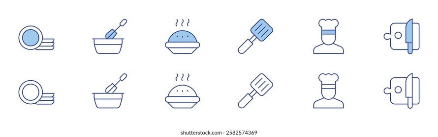 Cooking icon set in two styles, Duotone and Thin Line style. Editable stroke. clean dishes, cooker, cooking, chef, apple pie.