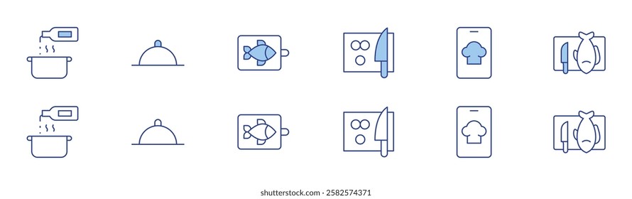 Cooking icon set in two styles, Duotone and Thin Line style. Editable stroke. cooking, cutting board, tray, cook, fish.