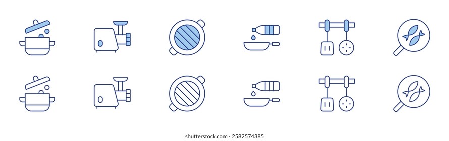 Cooking icon set in two styles, Duotone and Thin Line style. Editable stroke. food, oil, meat grinder, skimmer, grill, pan.