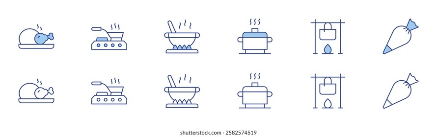 Cooking icon set in two styles, Duotone and Thin Line style. Editable stroke. roast chicken, pot, cooking, cooking pot, pastry bag.