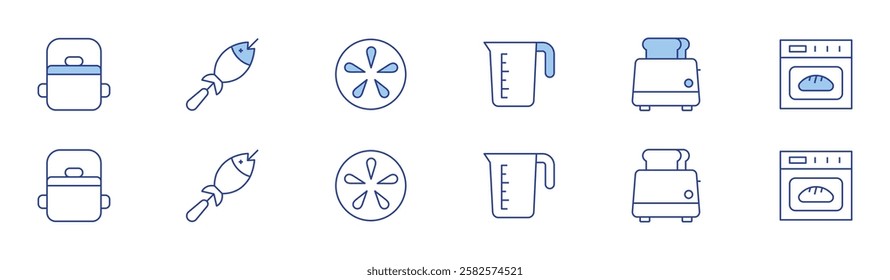 Cooking icon set in two styles, Duotone and Thin Line style. Editable stroke. pot, measuring cup, fish, toaster, sea urchin, oven.