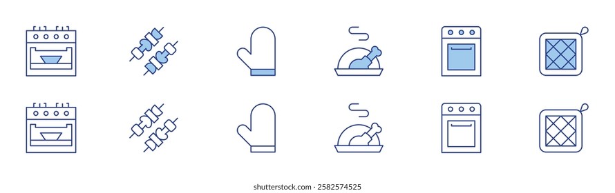 Cooking icon set in two styles, Duotone and Thin Line style. Editable stroke. oven, turkey, skewer, cooking stove, oven mitt, cook.