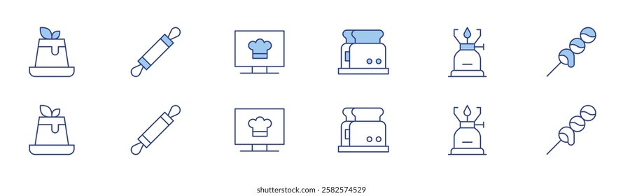 Cooking icon set in two styles, Duotone and Thin Line style. Editable stroke. toaster, camping gas, dango, dessert, roller, channel.