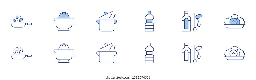 Cooking icon set in two styles, Duotone and Thin Line style. Editable stroke. frying pan, cooking oil, grinder, olive oil, cooking.