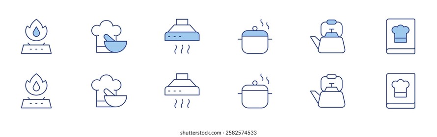 Cooking icon set in two styles, Duotone and Thin Line style. Editable stroke. gas stove, pot, cooking, kettle, extractor hood, recipe book.