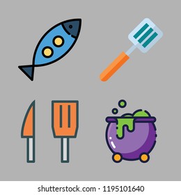 cooking icon set. vector set about knife, cauldron, spatula and healthy food icons set.