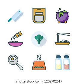 cooking icon set. vector set about fried egg, broccoli, salt and noodles icons set.