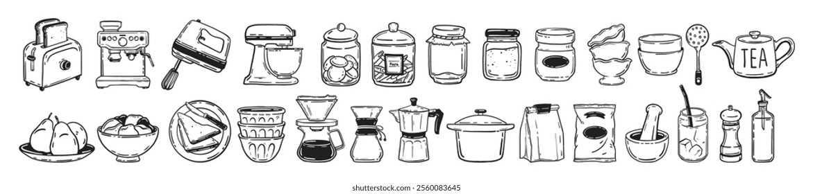 Cooking icon set, vector home kitchen utensil doodle collection, hand drawn food object line art kit. Eatery appliances, toaster, breakfast coffee, tea pot, mug, bowl, bottle. Cafe kitchen icon print