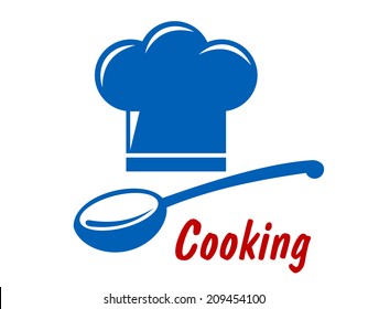 Cooking  icon or symbol with chef hat, serving spoon and text suitable for cooking logo and restaurant menu design