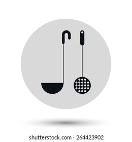 Cooking icon or symbol with serving spoon for cooking logo and restaurant menu design, black vector symbol on a round gray button with shadow