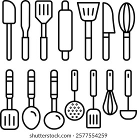 cooking icon utensils, Kitchen Utensils for preparing food, various kinds of cooking utensils, vector black outline, spoon, spatula, mixer, ladle, rolling pin, knife. 