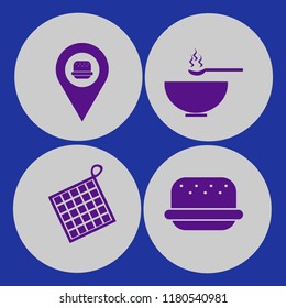cooking icon. cooking vector icons set burger, soup, oven mitts and fastfood location