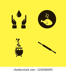 cooking icon. cooking vector icons set rolling pin, hands drop, caldron and hot chicken