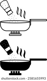 Cooking Icons. Black and White Vector Icons. Salt Food. Cooking Food in a Frying Pan on the Stove. Restaurant Concept