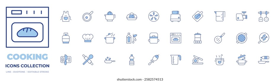 Cooking icons collection. Line Duotone style, editable stroke. cutting, measuring cup, pot, fish, oven, cooking, cooking oil, gas cylinder, chefs hat, frying pan, olive oil.