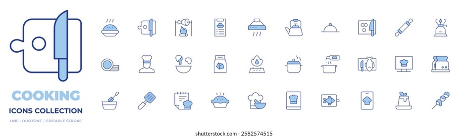 Cooking icons collection. Line Duotone style, editable stroke. chef, clean dishes, cooker, cooking, egg, pie, recipe, cook, fish, gas stove, pot, recipe book, coal.