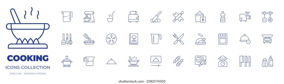 Cooking icons collection. Thin Line icons, editable stroke. cooking tools, mixer, soup ladle, measuring cup, seasoning, sea urchin, toaster, cooking book, knife, rolling pin.