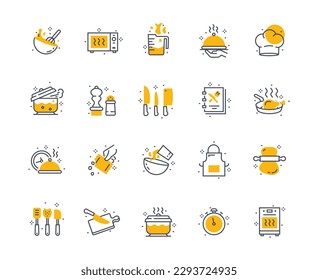 Cooking icons color set. Microwave and mixer dishes. Kitchen utensils for cooking delicious meals. Chefs hat and apron. Pot and stove, recipe book. Linear flat vector illustrations collection