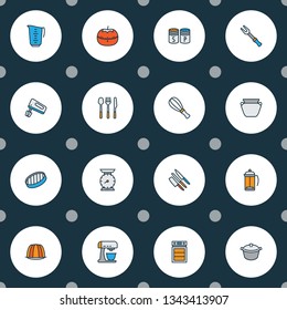 Cooking icons colored line set with barbecue fork, sieve, tomato timer and other weight elements. Isolated vector illustration cooking icons.