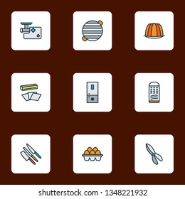Cooking icons colored line set with grater, knife set, kitchen scissors and other easter elements. Isolated vector illustration cooking icons.
