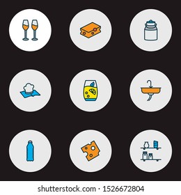 Cooking icons colored line set with water bottle, cheese, wine glasses and other hygiene elements. Isolated vector illustration cooking icons.