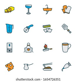 Cooking icons colored line set with apron, kitchen gloves, sink and other cup elements. Isolated vector illustration cooking icons.