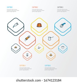 Cooking icons colored line set with freezer, pepper grinder, pudding and other easter elements. Isolated vector illustration cooking icons.