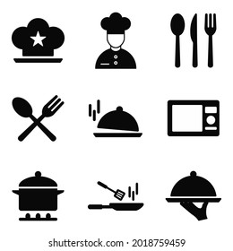 Cooking icons. Contain stars chef hat, frying pan, hand holding food tray, pot, kitchen utensils, and more. Icon vector design.