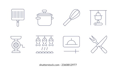 Cooking icons. editable stroke. Containing cooking, cooking tools, grill, meat grinder, pressure cooker, smoked fish, video, whisk.